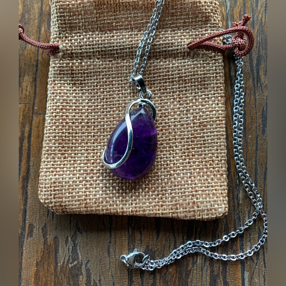BrandNew Drop Amethyst Pendant with Stainless Steel Chain Amethyst Necklace